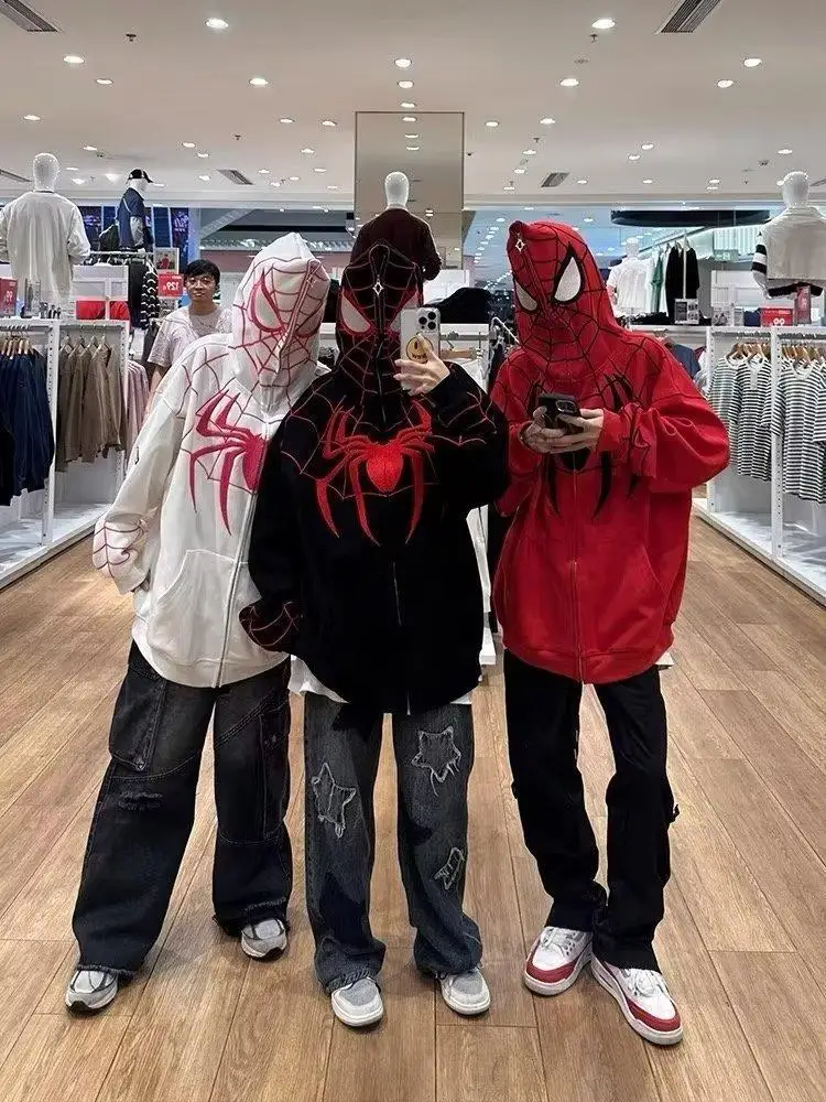 New Spider Web Red Hoodie Women Sweatshirt Zipper Warm Harajuku Punk Grunge Y2k Clothing Hip Hop Sweatshirt Hoodie Autumn Winter