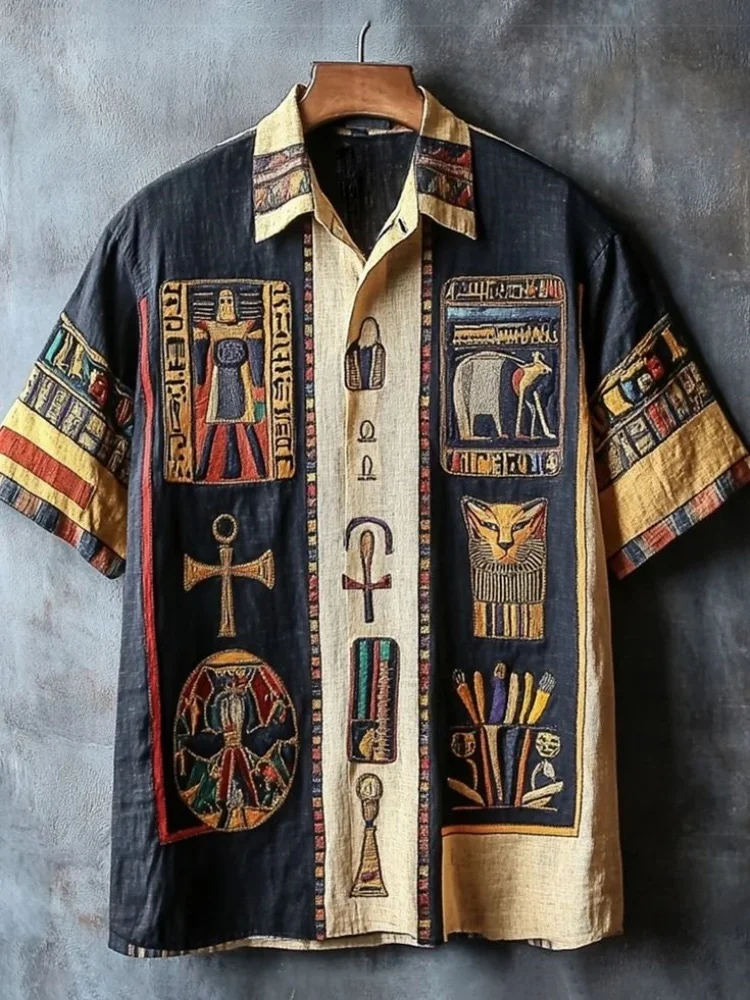 Outdoor Streetwear Men's Fashion Shirts Retro-style Ancient Egyptian Printed Men's Shirts Casual Daily Men's Short-sleeved Shirt