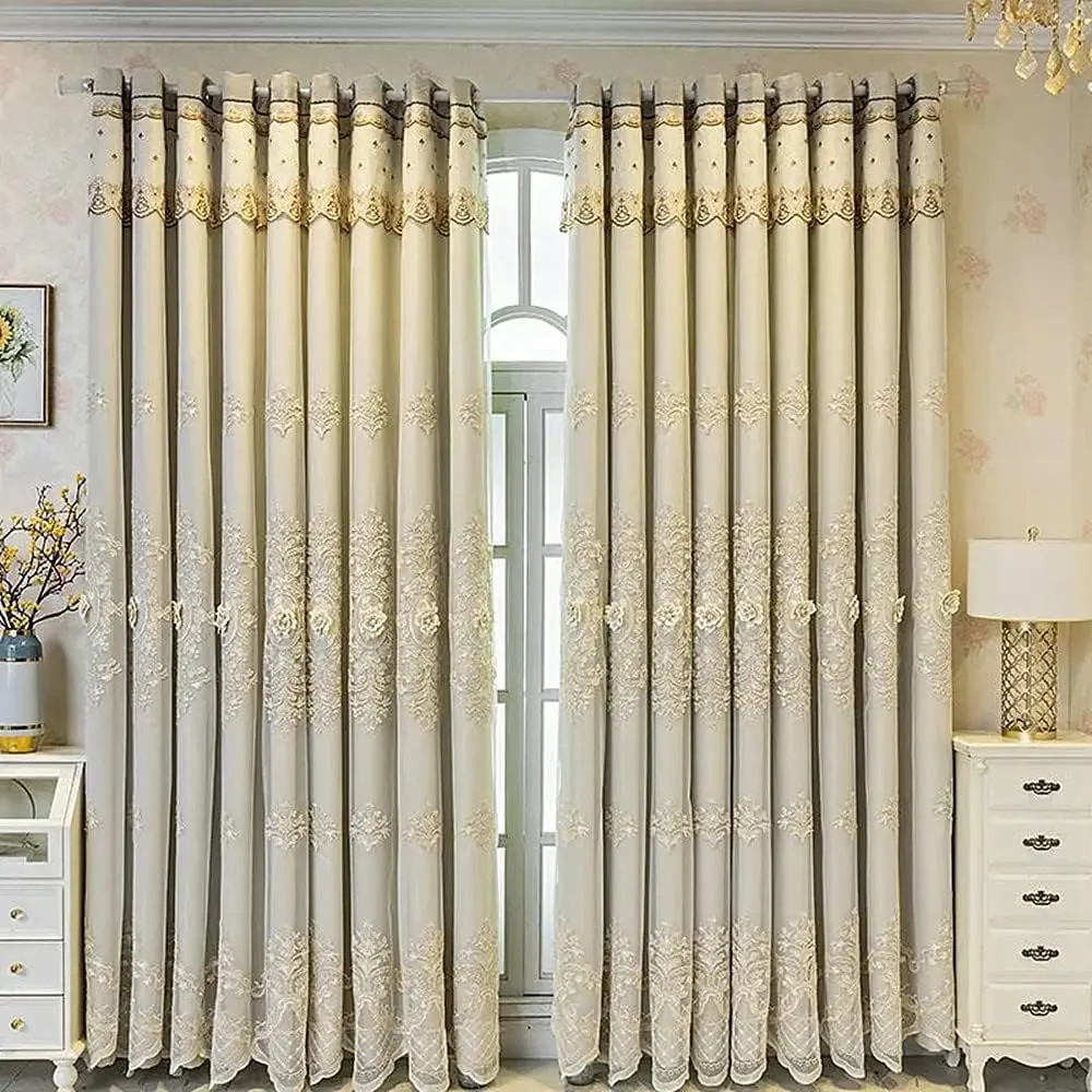 1 Panel 132cm Width European Double Layer Curtain with Valance for Living Room Bedroom Luxury 3D Flower Embroidered Curtain