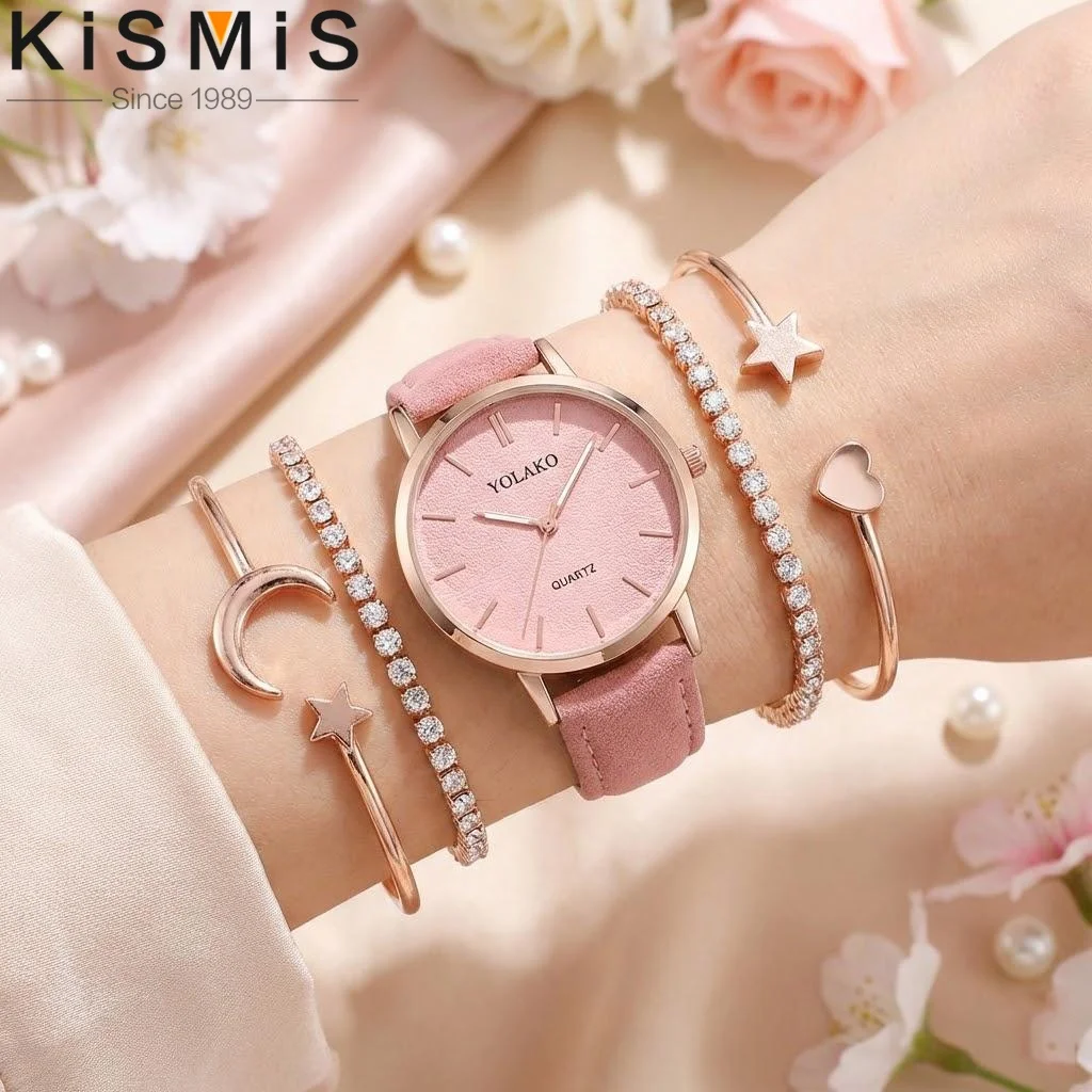 Womens Leather Strap Watch Frosted Dial Diamond Starry Design Golden Border Multicolor Quartz Watch