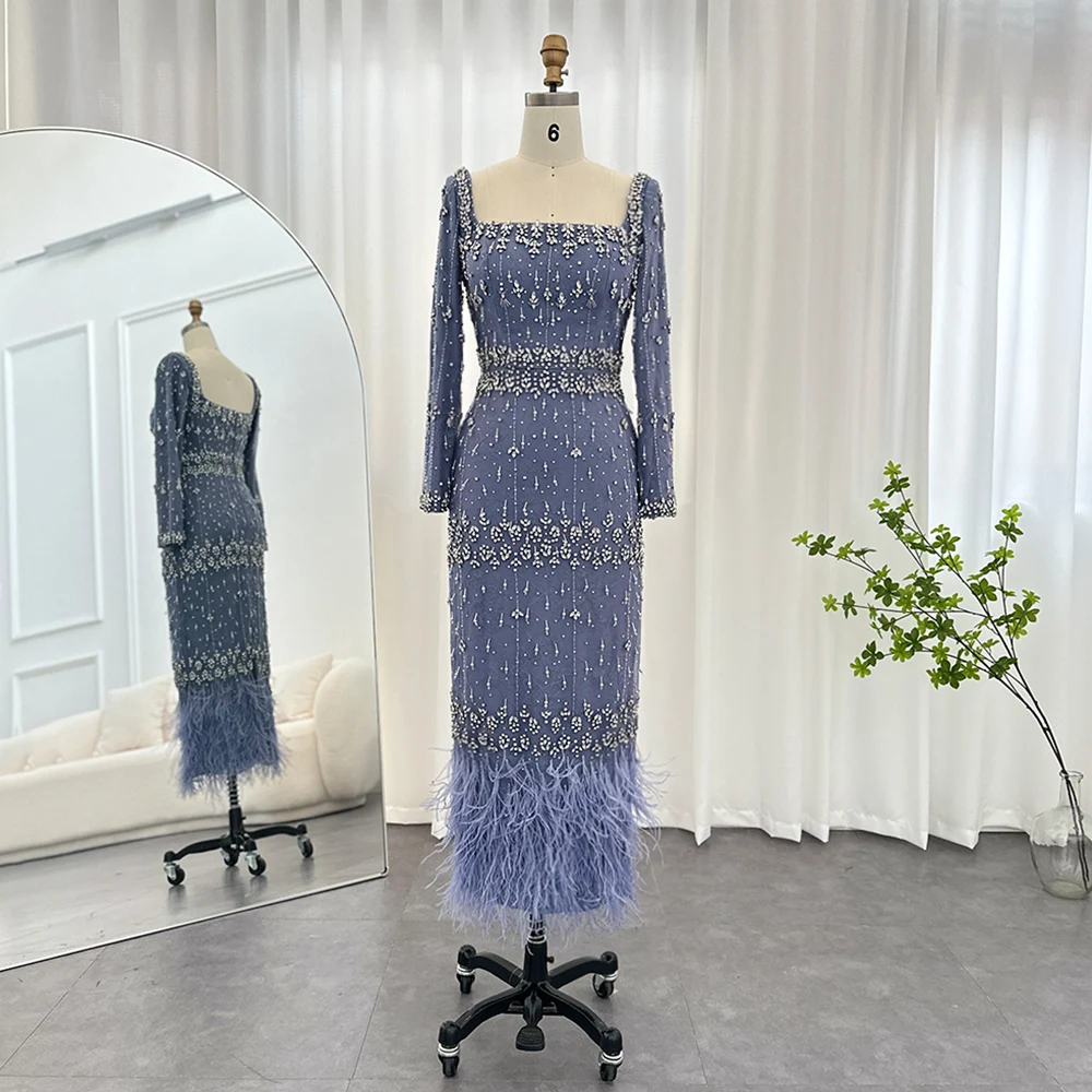 Sharon กล่าวว่าคริสตัล Feathers ดูไบชุดราตรีสําหรับงานแต่งงาน Elegant Blue Lace พรรคอย่างเป็นทางการชุด SS279 ที่กําหนดเอง