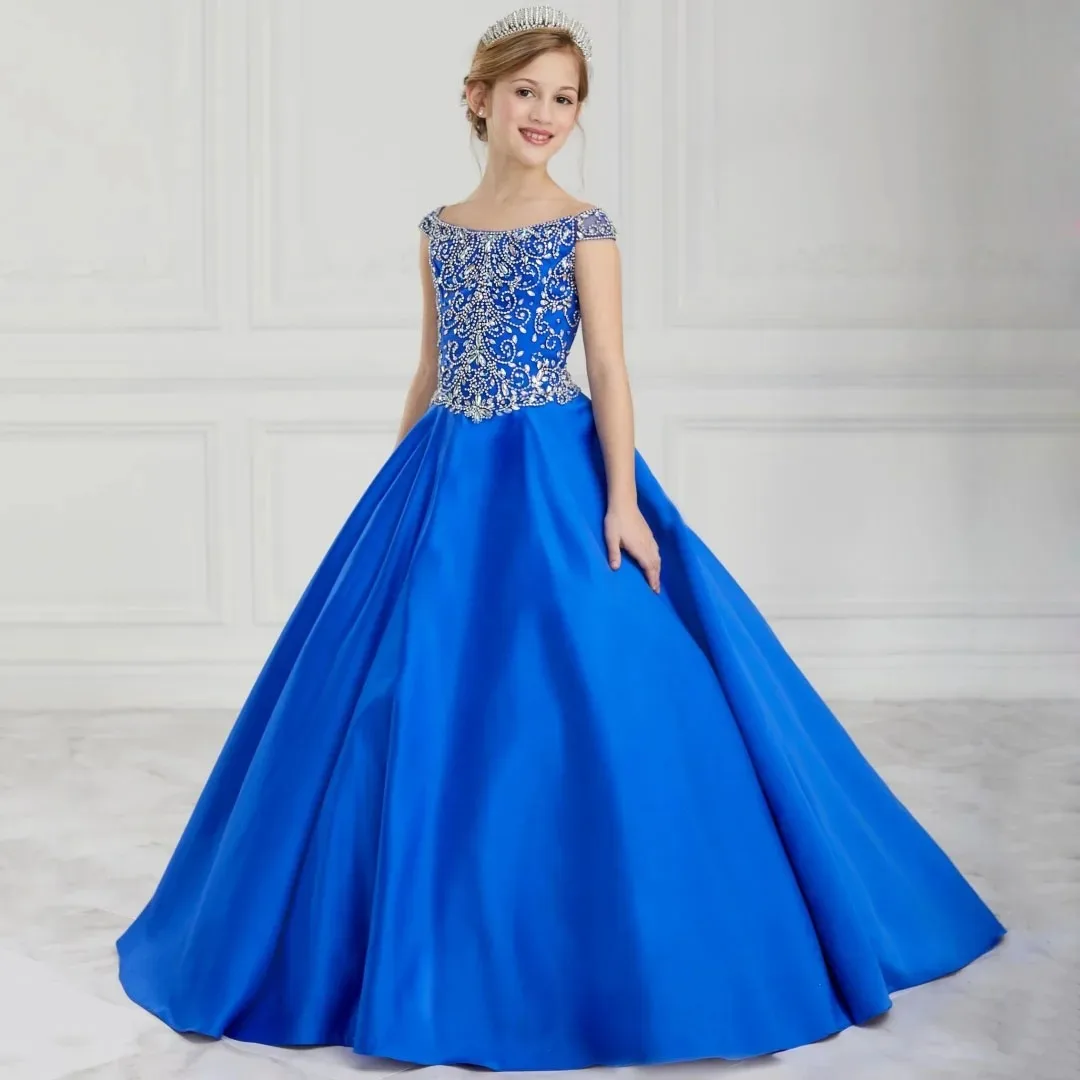 

Customized Blue Flower Girl Dress Satin Silver Floral Appliques Sleeveless For Wedding Birthday Party Prom Banquet Gown
