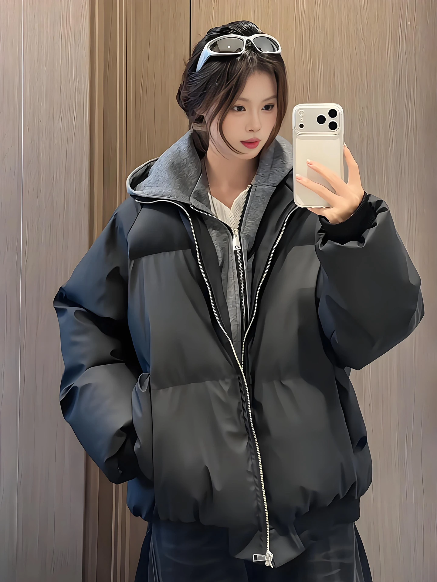 

American Sle Men's Soft Leather Quilted Jaet Winter Coat Double Zipper Hooded Padded Coat Couple Workwear Bread Sle