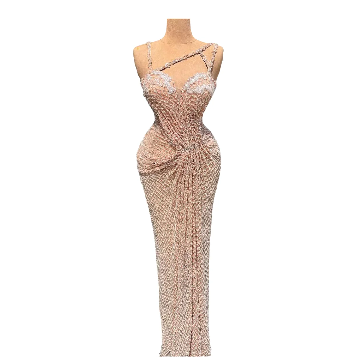 

Party Dress With Crisscross Straps Pleated Waffle Pattern Beaded Embellishment Mermaid Dress Pink Cocktail Dress