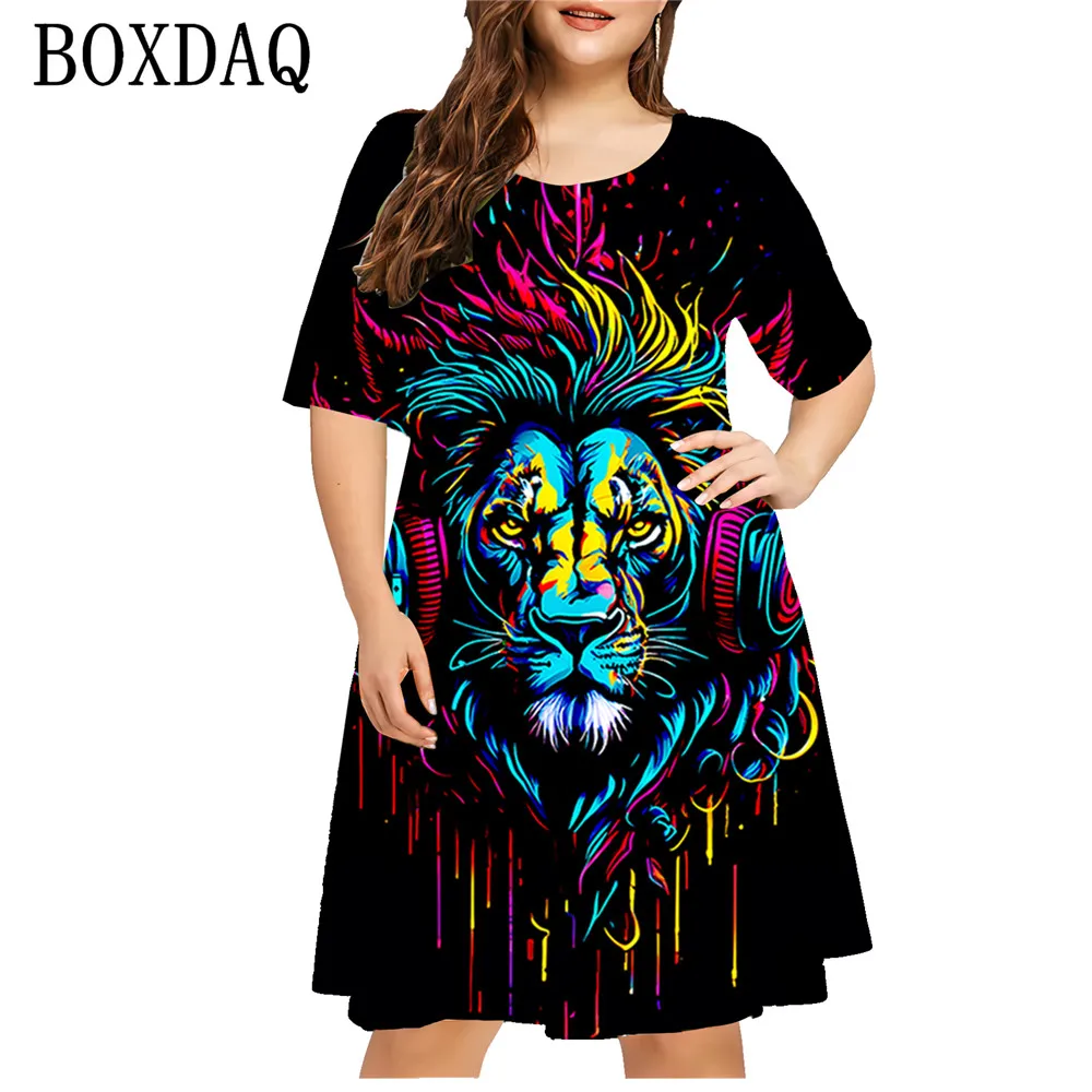 Vestido feminino com estampa de leão animal, impressão 3D, manga curta, streetwear verão, moda feminina, roupas, tamanhos grandes, XL