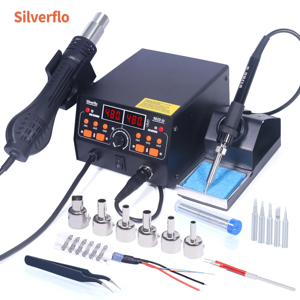 Silverflo 902D-III Rework Soldering Station 2 in 1 Hot Air Gun Welding Station with 3 Pre-set Channels,Sleep Mode for SMD Rework