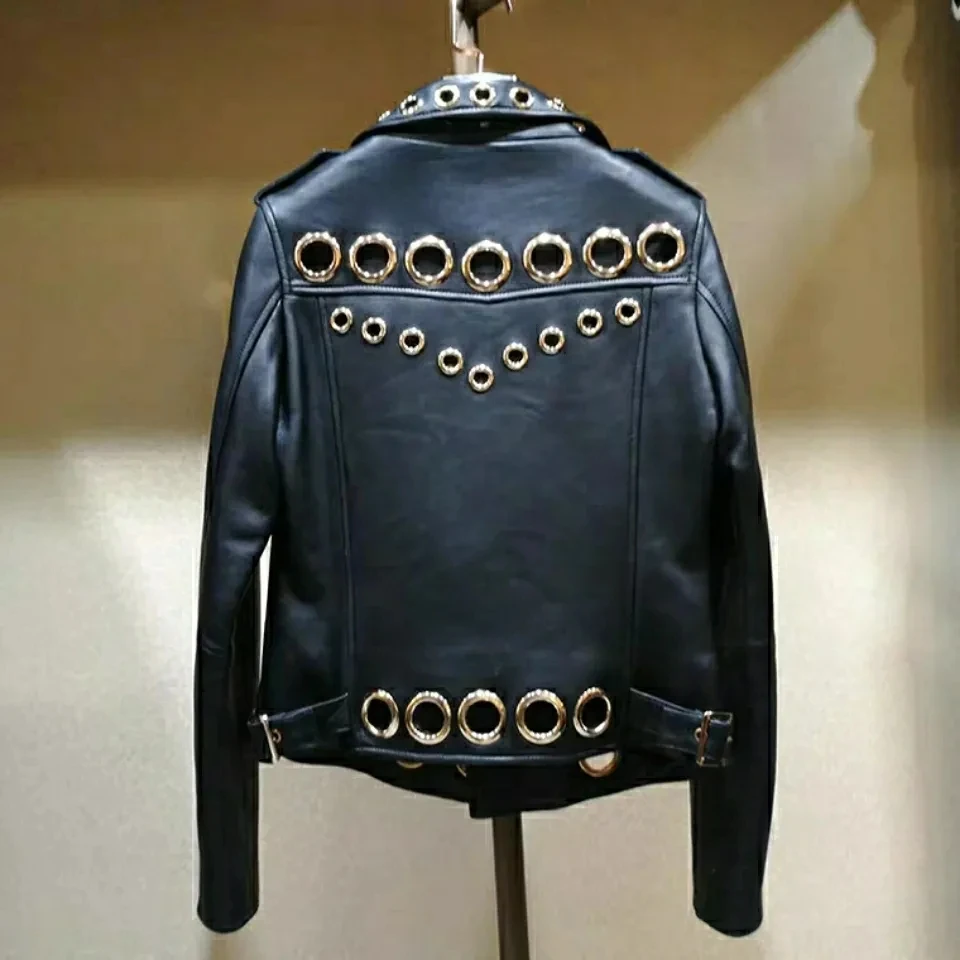 Women Chic Faux Leather Motorcycle Jacket Fall PU Locomotive Bomber Coat Zipper Cardigan Metal Rings Hollow Streetwear Crop Tops