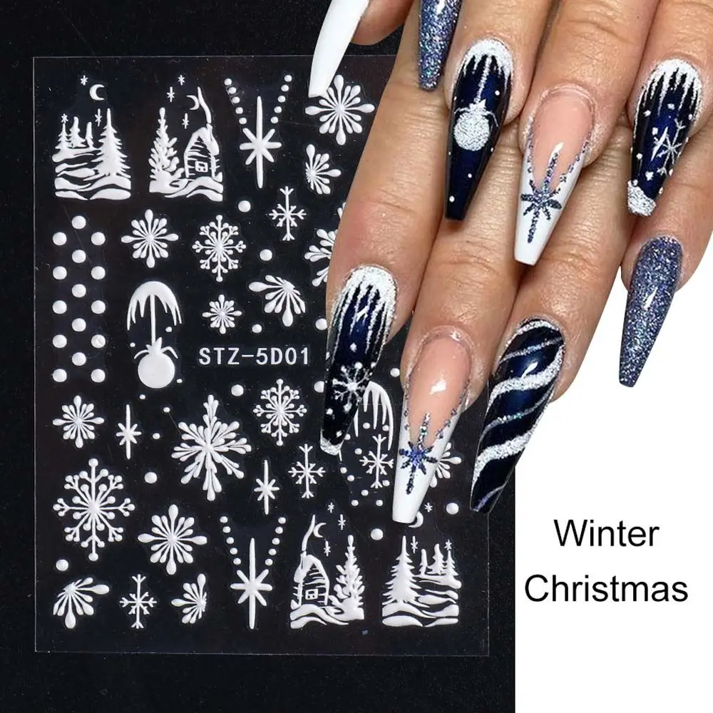 

French Snowflakes Embossed White Snow Nail Art Stickers 5D Nail Decals DIY Nail Art Decoration Manicure Design
