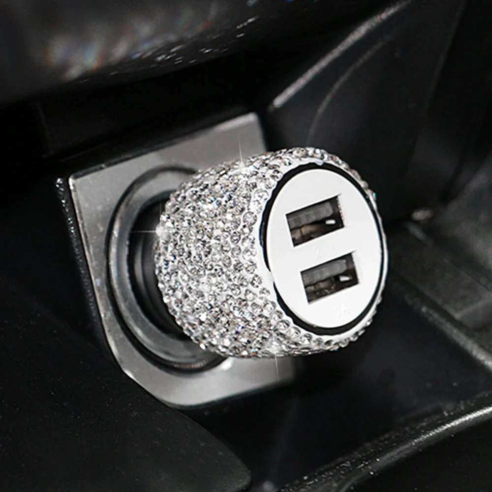 New Bling USB Car Charger 5V 2.1A Dual Port Fast Adapter Pink Car Decor Car Styling Diamond Car Accessories Interior for Woman