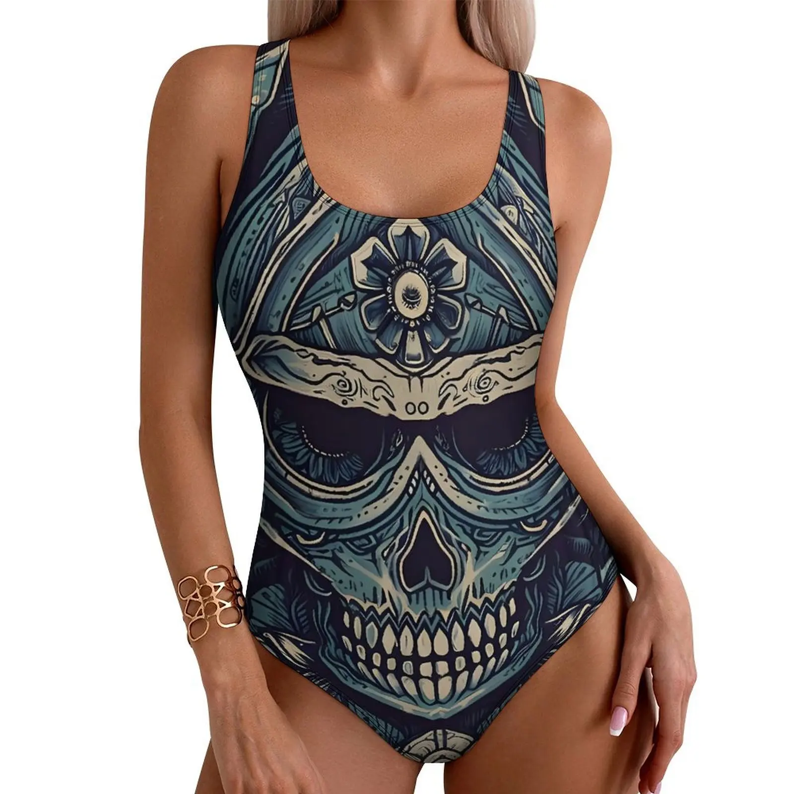 

Купальник с готическим принтом, синий купальник с черепом, цельный пляжный купальник с графическим рисунком, монокини без рукавов, женские сексуальные пляжные наряды с эффектом пуш-ап