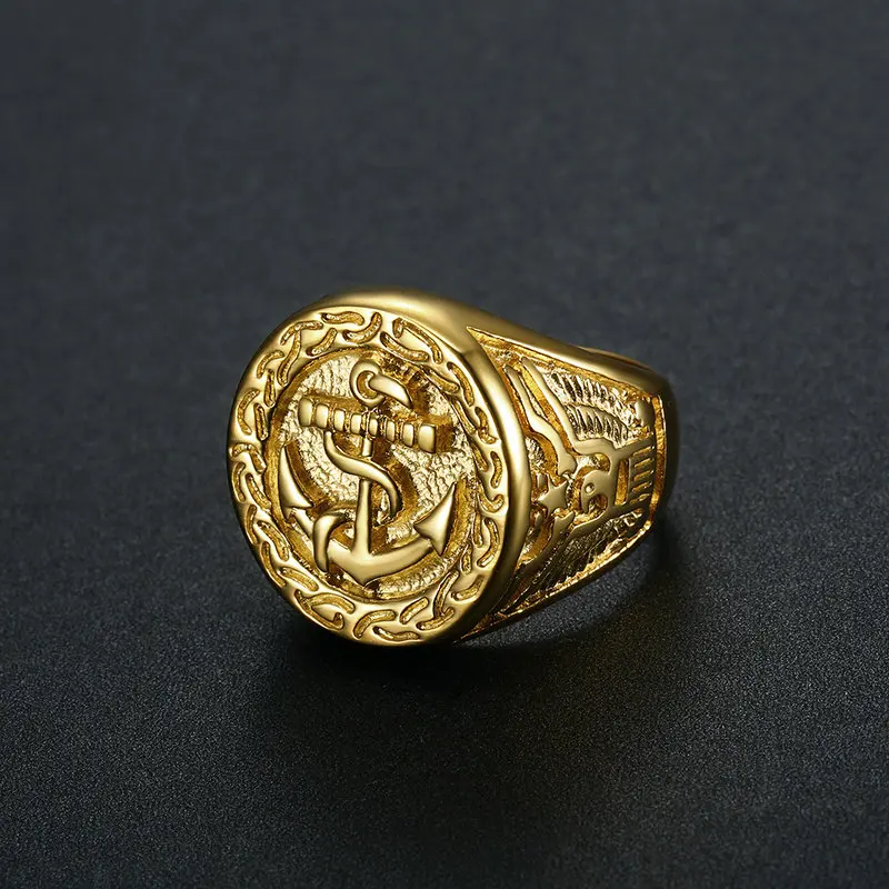 Men\'s Stainless Steel Gold Plated Navy Anchor Eagle Ring Color Preserved Vacuum Plating for Jewelry Accessories