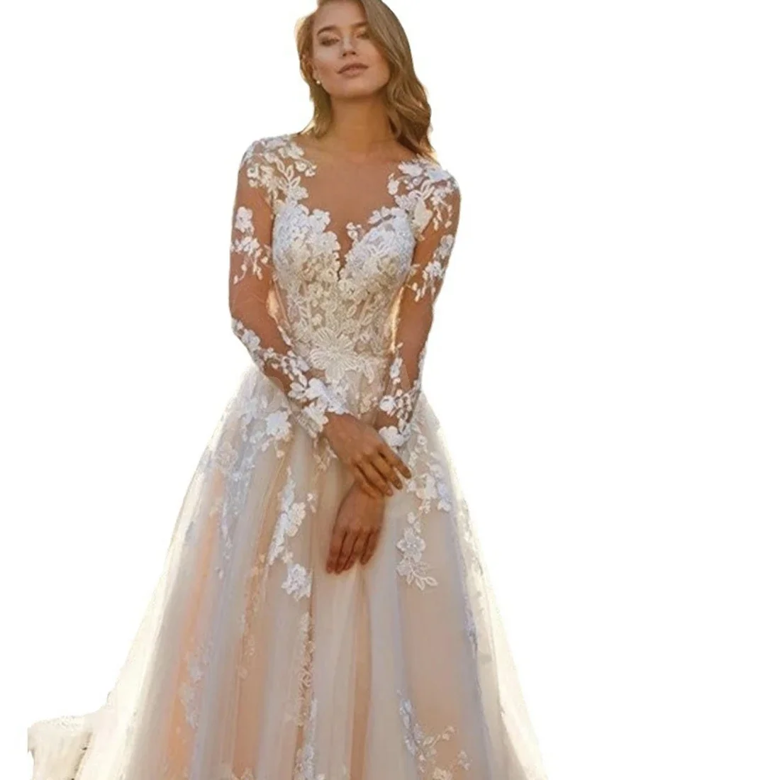 Robe de mariée A-Line en tulle avec appliques, col rond, sexy, adaptée aux patients, nouvelle arrivée