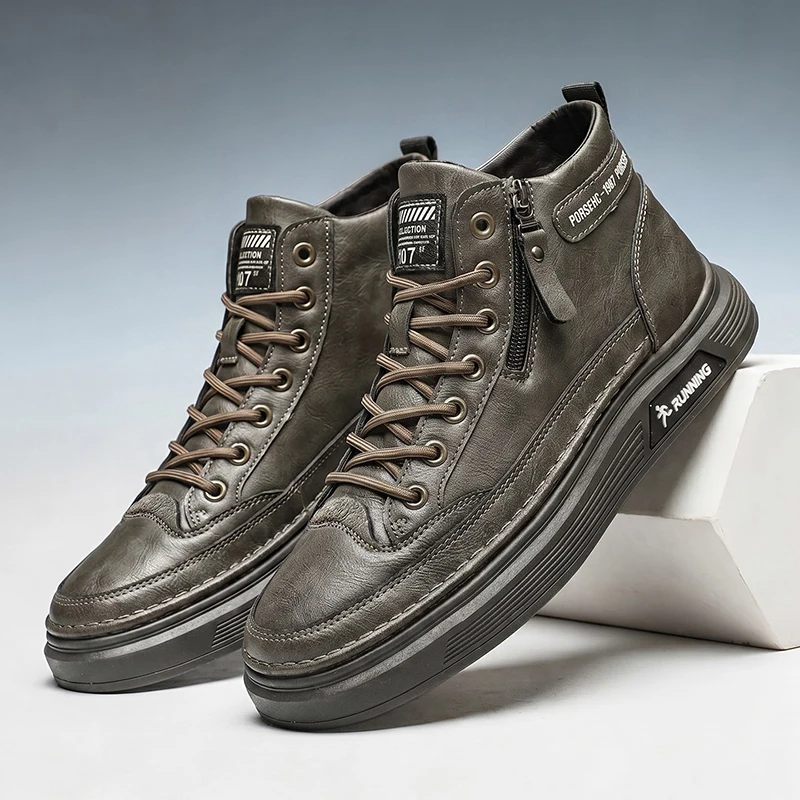 Men's High Top Leather Skateboard Shoes Thick Sole Casual Sneakers Male Fashion Walking Streetwear Anti-slip Platform Footwear