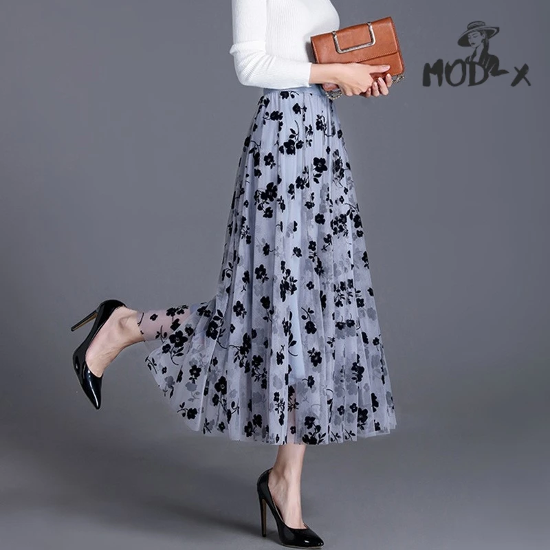 MODX Summer New Trend Versatile Temperament Fashion Simple And Generous Flocking Small Flowers Pleated Mesh Half-body Skirt