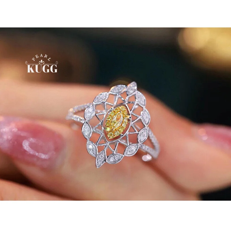 KUGG 100% 18K White Gold Rings Real Natural Yellow Diamond Engagement Ring for Women Vintage Palace Style High Party Jewelry