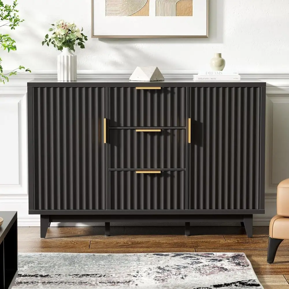 

Wide 47.2 Storage Cabinet with 3 Drawers, Elegant Storage Cabinet, Spacious 2-Door Sideboard, Mid-Century TV Stand with Coffee B