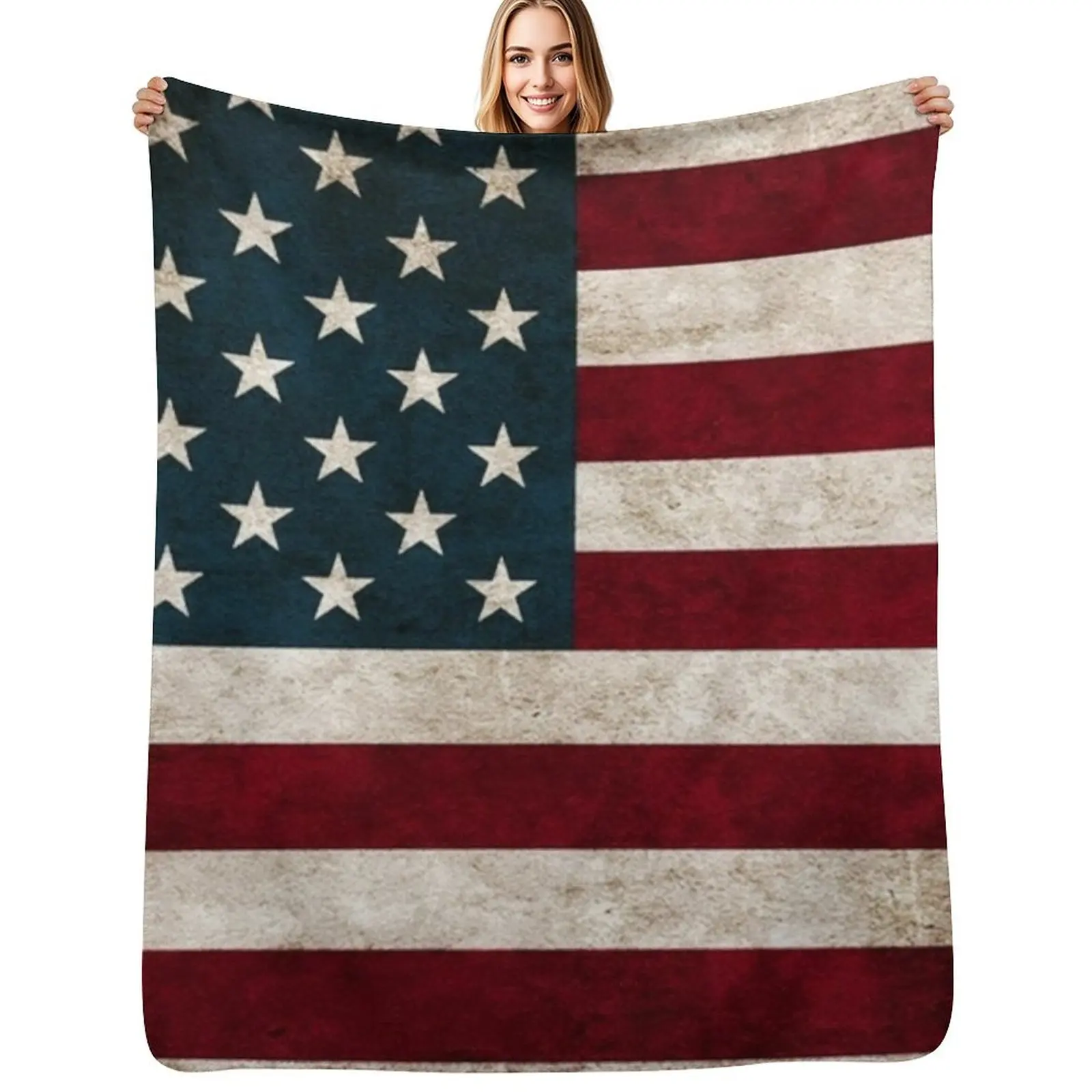 USA American Flag Throw Pillows, Aged American Flag, Red White and Blue Throw Blanket Decorative Sofa Multi-Purpose Blankets