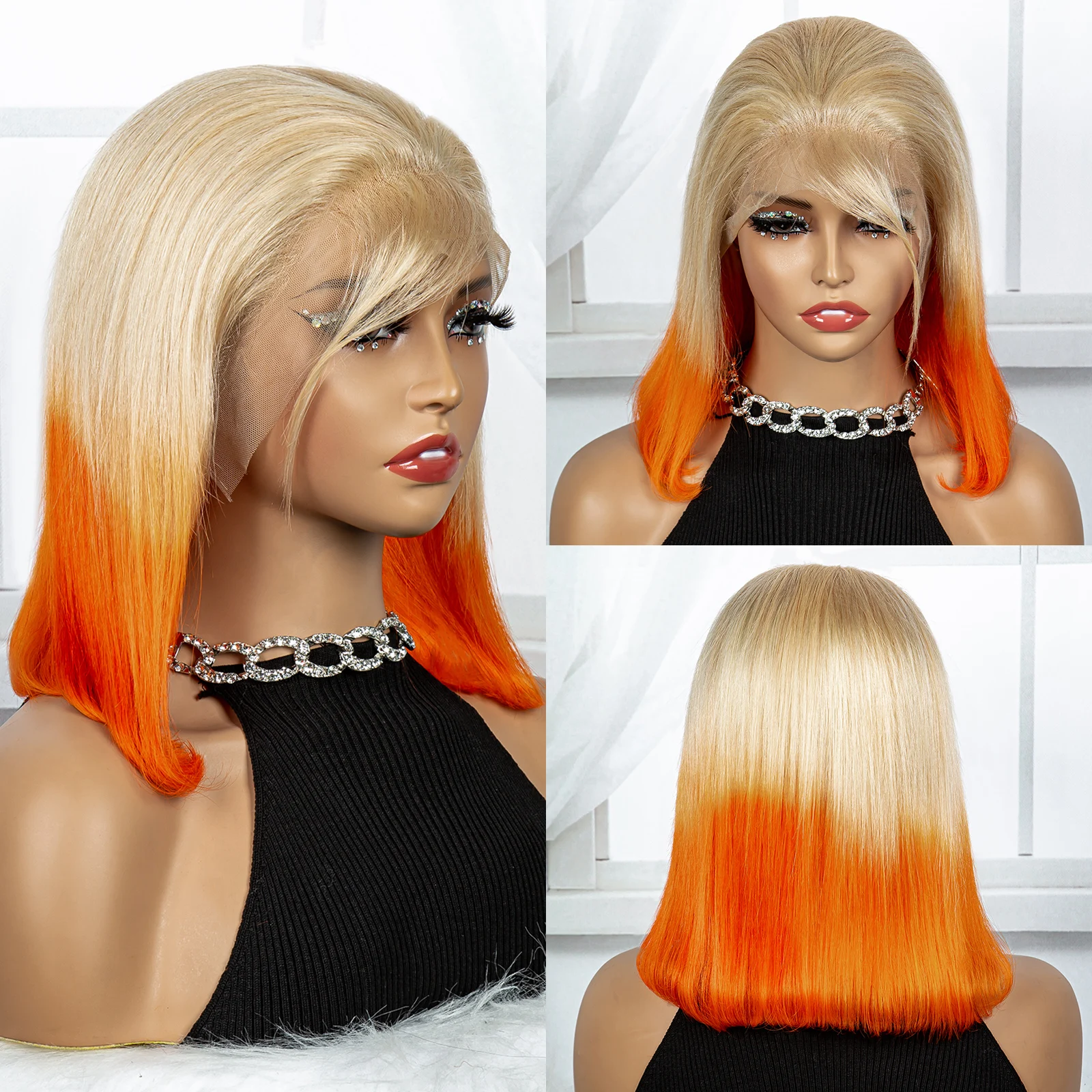 220% Density 613 Blonde Orange Ombra Straight Bob 100% Human Hair Wig 13x4 Transparent Lace Frontal Hair Wig