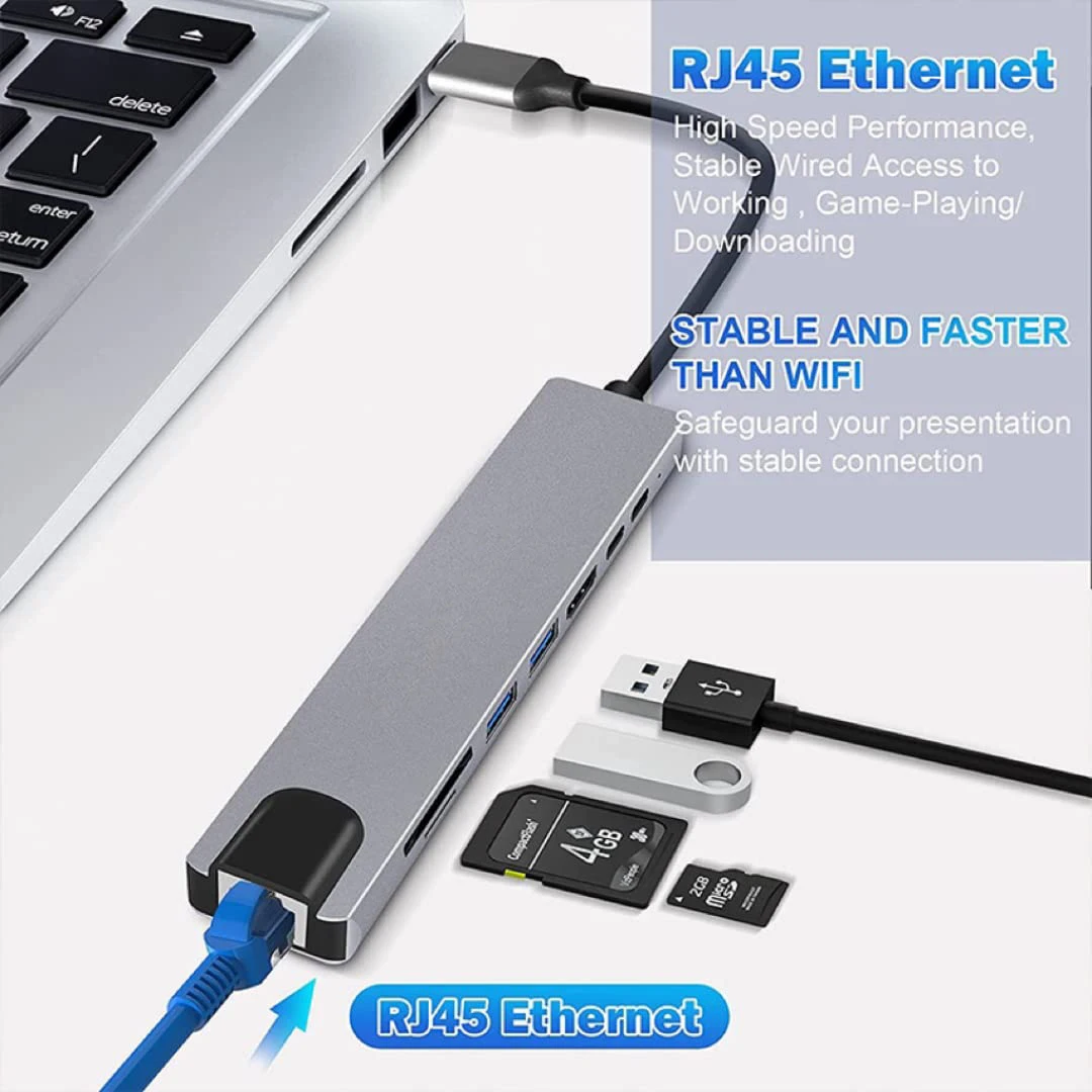 8 في 1 USB C Hub نوع C إلى 4K HDTV محول مع RJ45 SD/TF قارئ بطاقات شاحن سريع لأجهزة الكمبيوتر المحمول ماك بوك ويندوز الكمبيوتر المحمول
