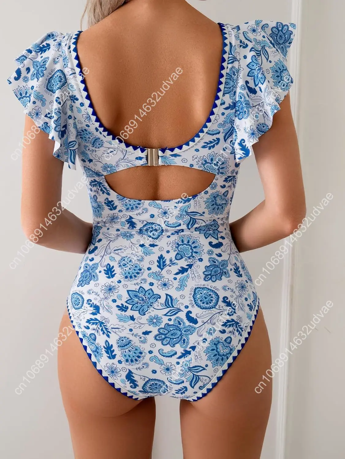 Women's One Piece Ruffle Swimsuit Tummy Control Bathing Suit V Neck Shell Stitched Swim Suit Slimming Swimwear