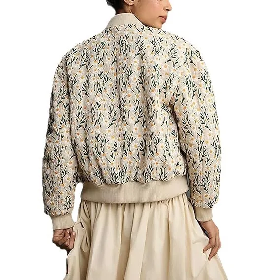 Damska krótka kurtka bomberka, bawełniana kurtka puchowa z nadrukiem stokrotek, kieszenie zapinane na zamek, styl westernowy, słodka, świeża, ciepła, wygodna, wielokolorowa.