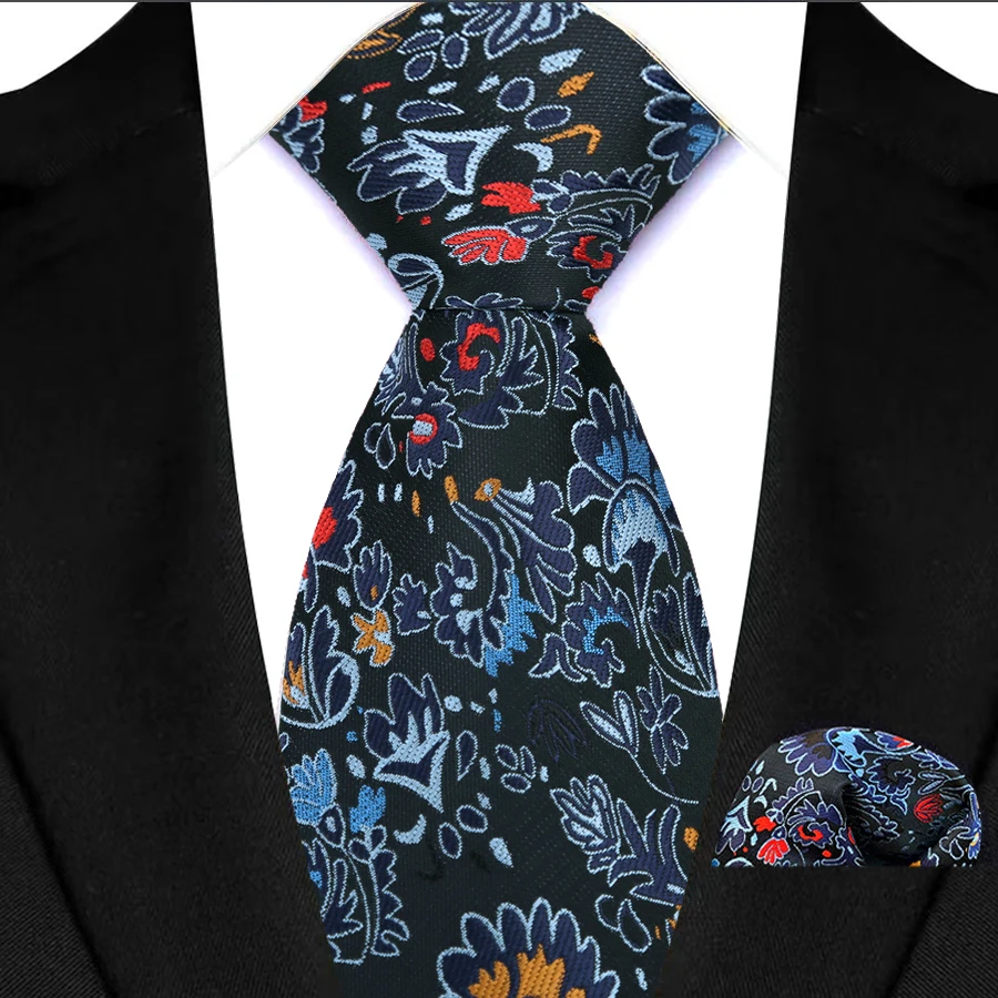 البني البحرية الرجال التعادل شريط بيزلي الأزهار جيب مربع مجموعات رسمية المنسوجة مفيد ربطات العنق الأعمال حفل زفاف مصمم الهدايا