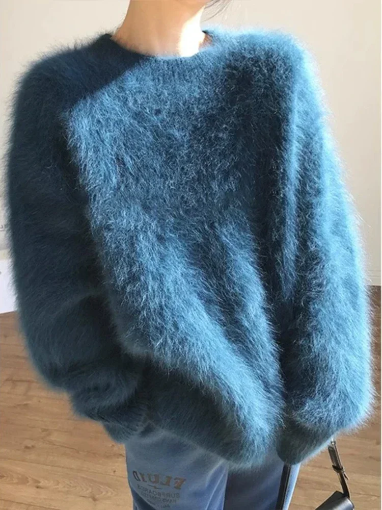 

Autumn Winter Mink Fleece Sweater Women's Knitted Pullovers Thick Loose Casual Outerwear Solid O Neck Oversize Jumpers Women