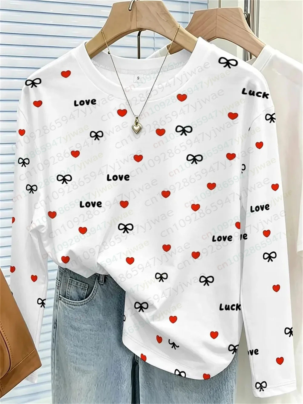 Autumn Women'S Love And Bow Striped Casual Long Sleeved T-Shirt Round Neck Loose Breathable Top High-Quality Versatile T-Shirt