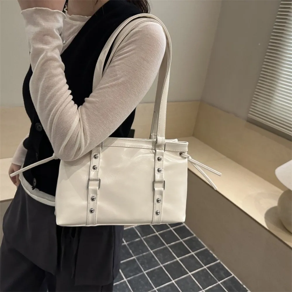 Large Capacity PU Leather Shoulder Bag Rivet Belt Buckle Solid Color Women Underarm Bag Zipper Multi Color Tote Bag Commute