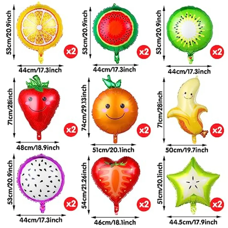 18 Pics Fruit Balloons Tropical Fruit Party Decorations with Ribbon and Straw Aluminum Foil Balloons for Wedding Birthday Baby