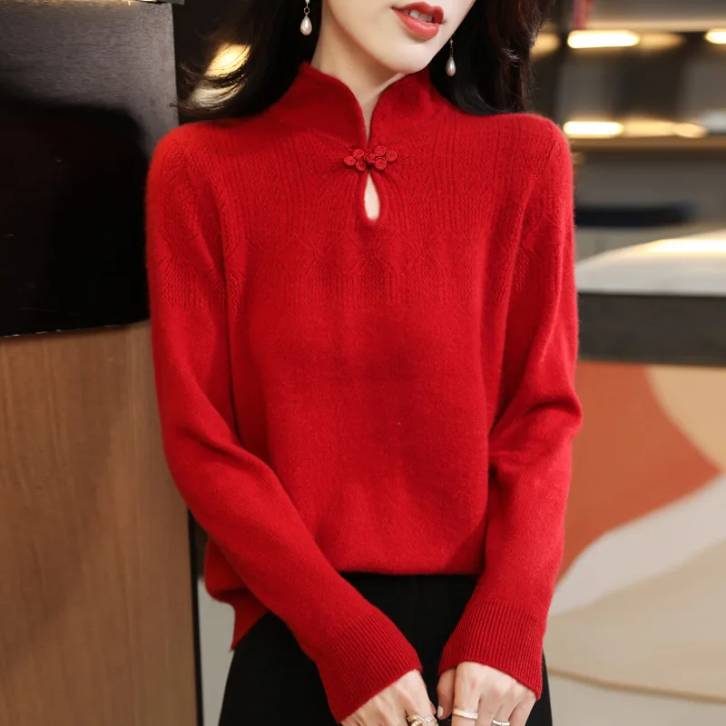 Style Cheongsam Thicked Female Wool Sweater Base Half Turtleneck Temperament Slimming Sweater Inner