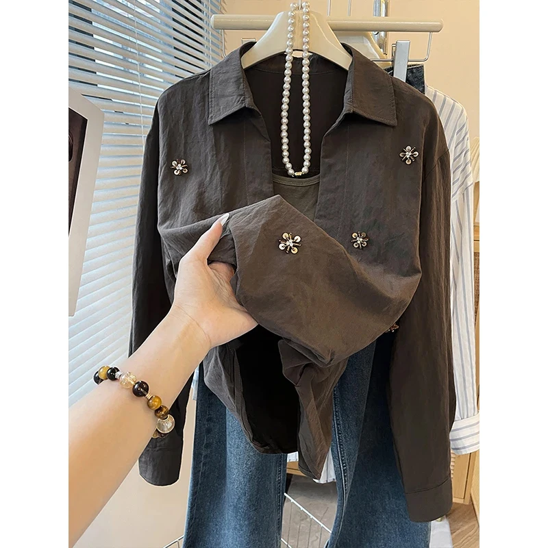 

2025 New Faionable Bead Embellied Women's irt Coffee Color Slimming Autumn Casual Sle Loose Fit Long Sve Ne