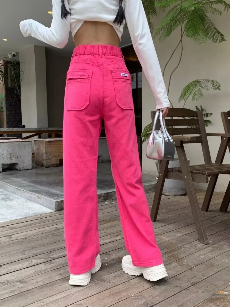 2024 Ropa Y2K Fashion Rose Red Korean Casual Slim Jeans Pants For Women Clothes High Waist Underwear Lady Cotton Long Trousers