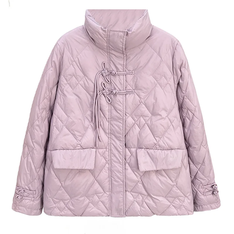 Chinese Style Button Design Stand Collar Warm Coat Plus Size Women\'s 130kg White Duck Down Jacket