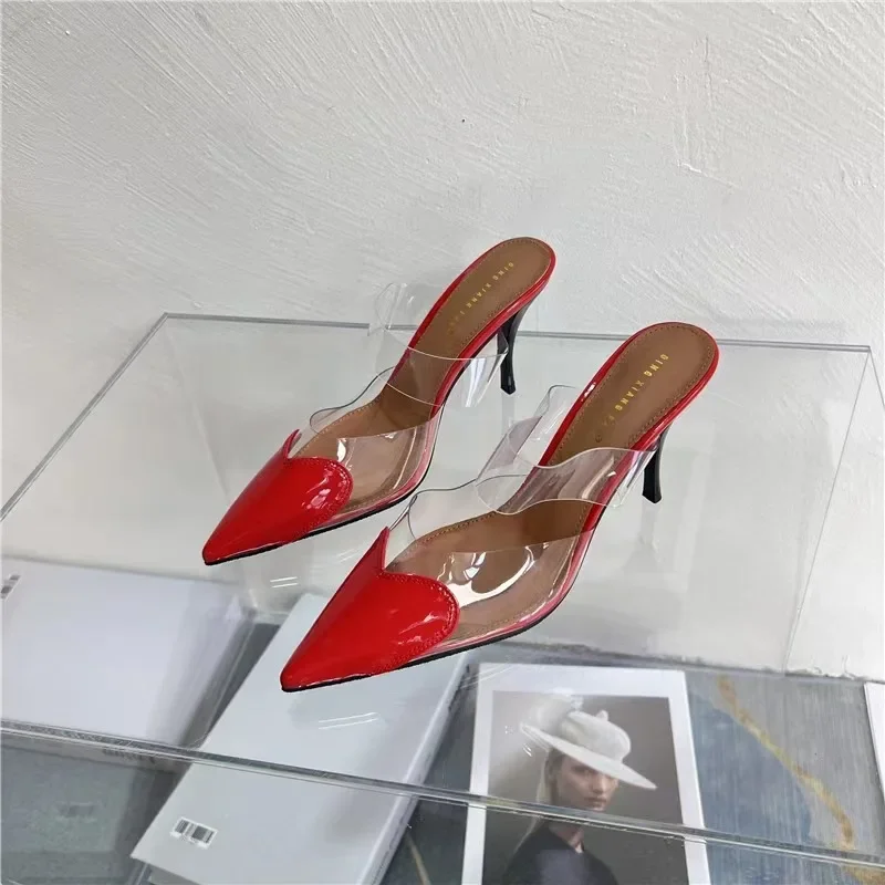 2024 Fashion Pointed Transparent Shallow Mouth Slippers Sexy Fine Heel Ladies High Heels Zapatos De Mujer Sandalias Women Slides