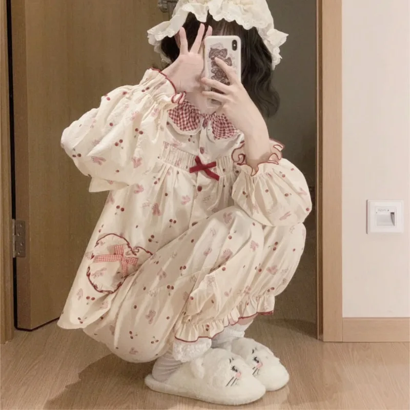 Japan Style Sweet Heart Print Pajama Sets Women Aesthetic Home Students Girlish Sleepwear Loose Casual Pockets Clothing Summer