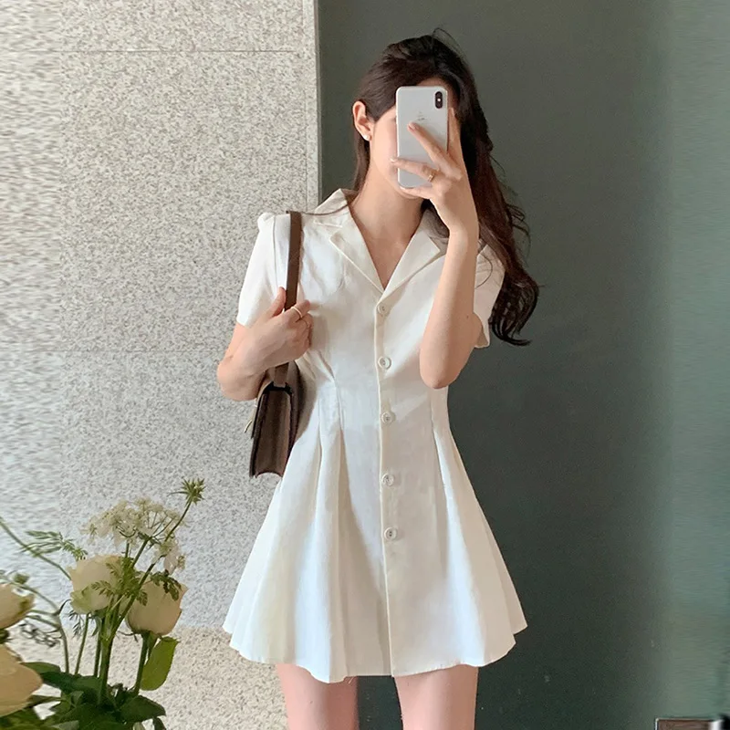 Korean Style Fashion Temperament Sexy Spicy Girl Short Sleeve Waist To Show Body Single Breasted Show Slim Dress Elegant DZGS