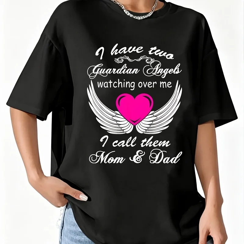 Two Guardian Angels Watching over Me and I Call Them Mom Dad Women's 100% Cotton T-Shirt Short Sleeve Top Casual Round Neck Fun Print Tee S-5Xl