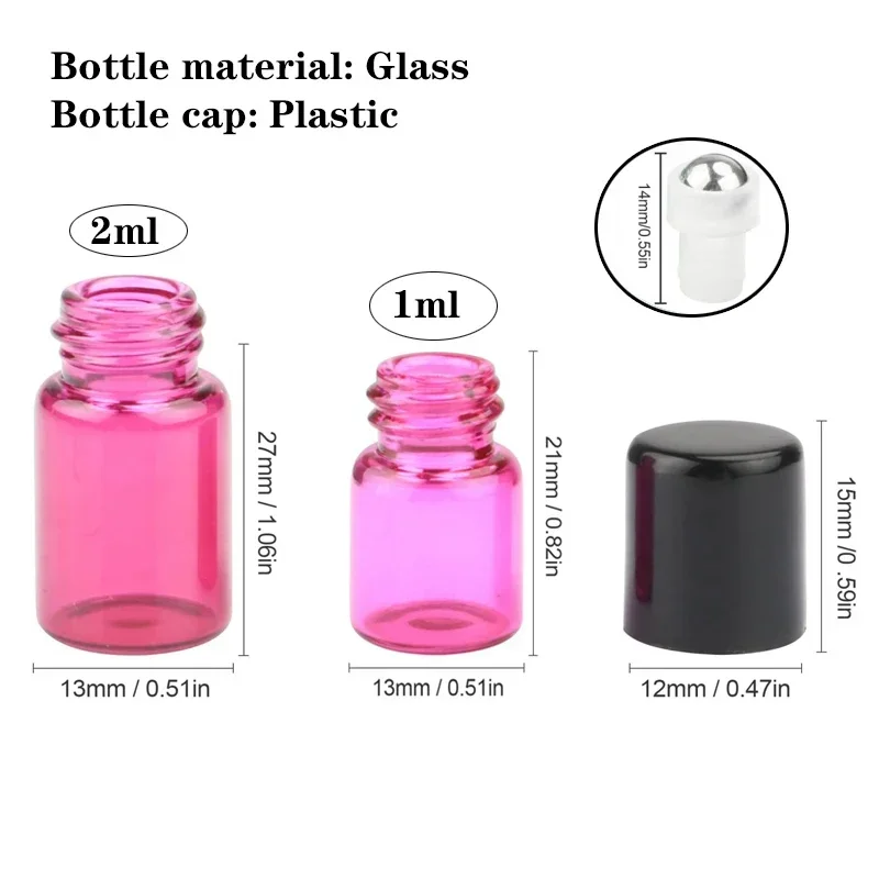 5 unidades/pacote 1ml 2ml 3ml 5ml 10ml garrafas de vidro colorido rolo amostra teste frascos de óleo essencial com rolo bola de metal