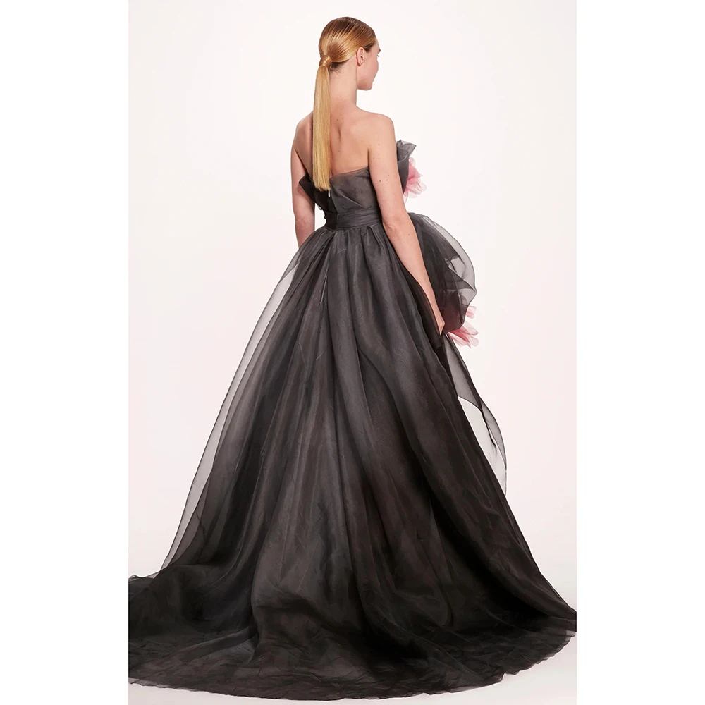 Elegant Black Organza Formal Dress With 3D Rosette Strapless Backless Pleat Floor-Length Prom Party Dresses vestidos de fiesta