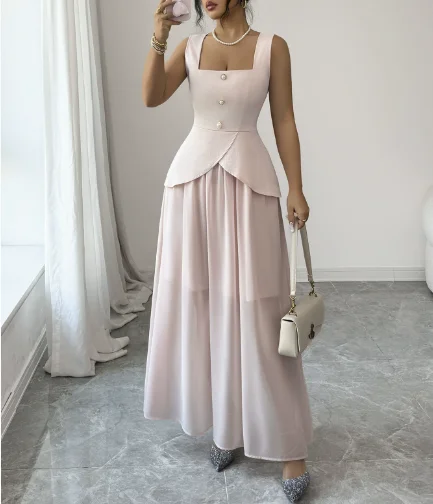 Women Dress 2026 Spring Summer New Solid Color Elegant Square Collar Sleeveless Mesh Patchwork Temperament Long Dress