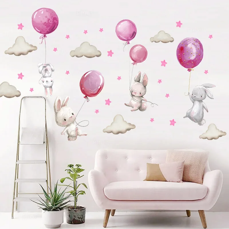 Pegatinas de pared de conejo de globo rosa de acuarela, decoración de habitación de niños, papel tapiz fotográfico para habitación de bebé,