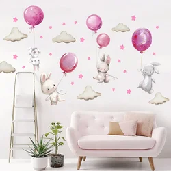 Pegatinas de pared de conejo de globo rosa de acuarela, decoración de habitación de niños, papel tapiz fotográfico para habitación de bebé, decoración del hogar