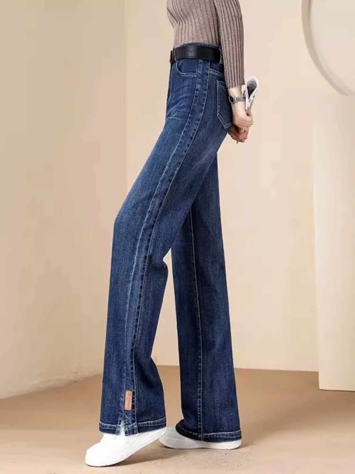 

High Waist Wide Leg Denim Jeans Women's Fall New Sle Floor Length Fce Lined Straight Cut Long Pants Casual Ele