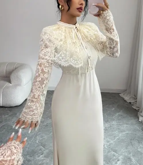 

Womens Dresses 2025 Spring Autumn New Solid Color Elegant Lace Splicing Stand Collar Long Sleeve Temperament Bag Hip Long Dress