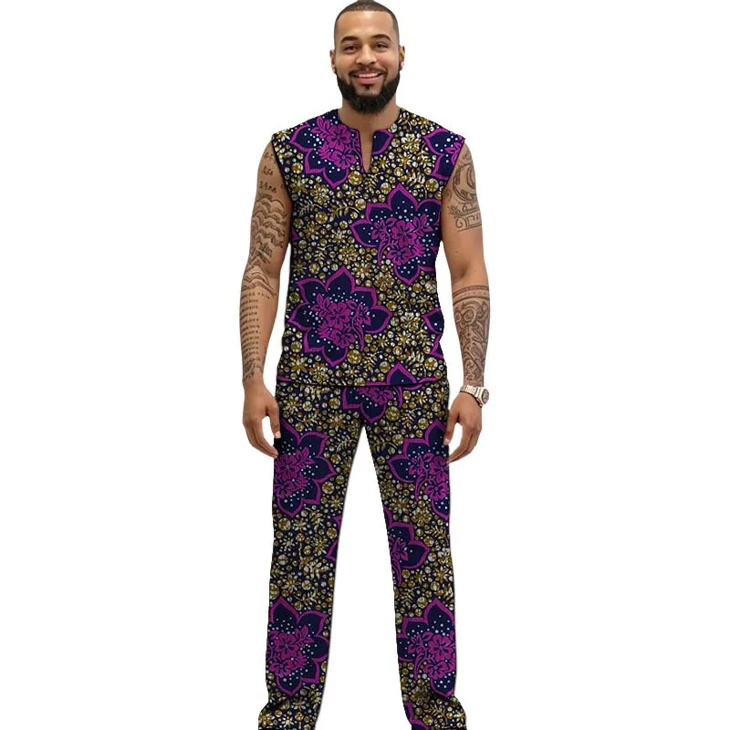 African Print Couture Tank Top+Trouser Men's Ankara Outfit Set For Wedding Formal Male Party Wear Tailored