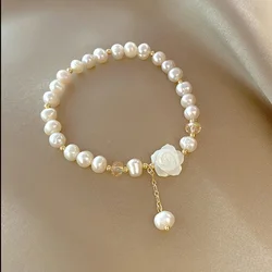 Korean Fashion Natural Pearl Flower Bracelet for Women High Quality Crystal Bangles Luxury Jewelry Accessories Wholesale