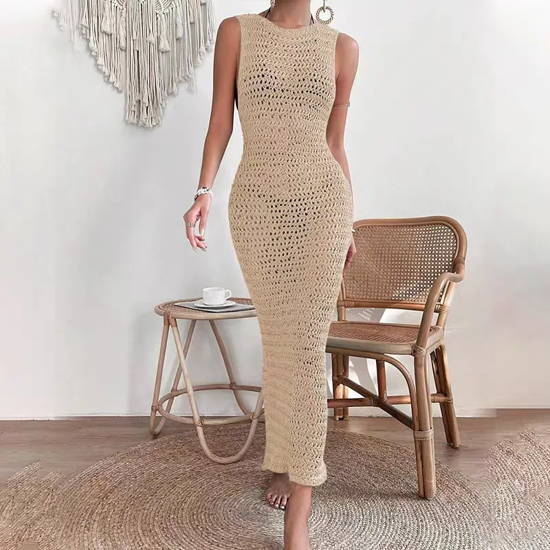 

EVNISI Sleeveless Round Neck Head Solid Color Beach Skirt Sexy Knitted Hollow Beach Bikini Swimsuit Hoodie Fashion New