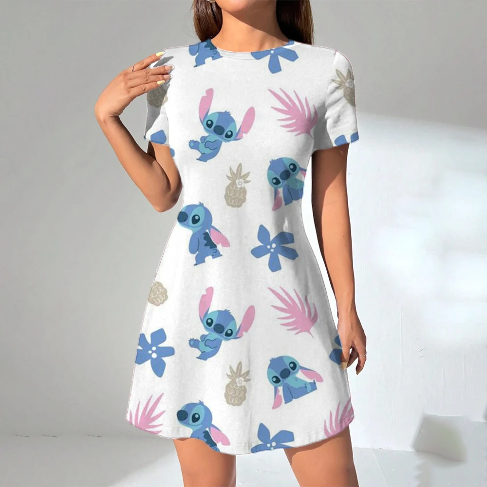 Disney Stitch Lilo พิมพ์ชุดฤดูใบไม้ผลิฤดูร้อนน่ารักเดท Ditsy การ์ตูนแขนสั้น O คอ Mini Cami ชุดลําลองสําหรับสตรี