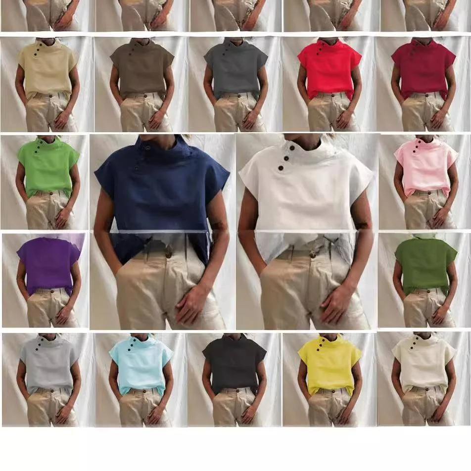

Women's Cotton Linen Standing Collar Casual irt Comfortable Loose Fit ort Sve Color Ele Sle Spring 2023